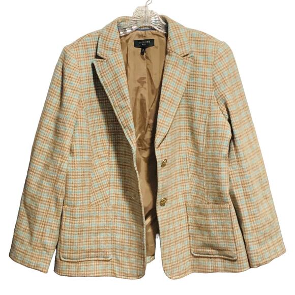 TALBOTS Petite 16P Wool Blend Checked Blazer Tan Teal 2 Metal Button Front - Picture 1 of 7
